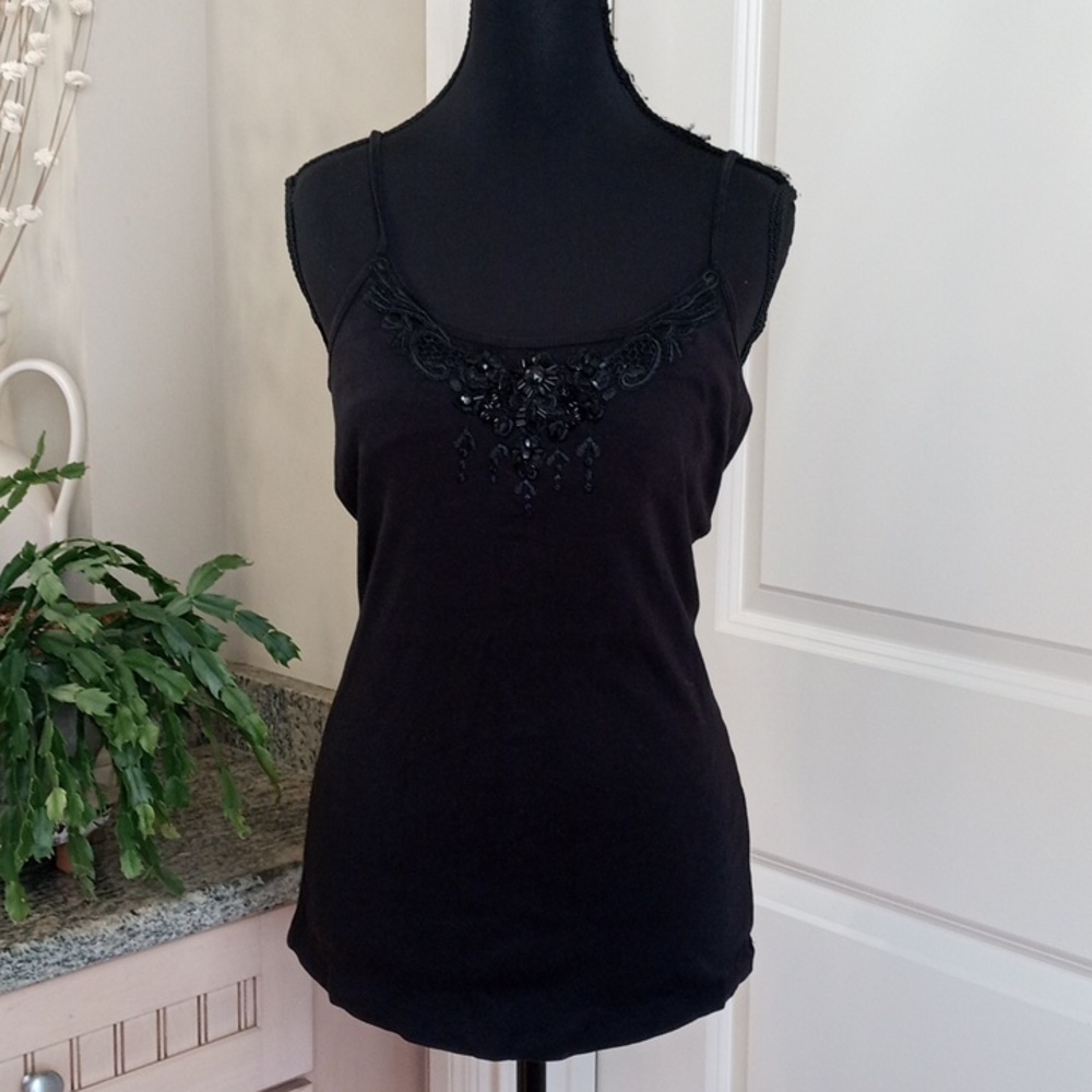 Newport News Black Lace and Bead Camisole Top with Built-in Bra Size Medium